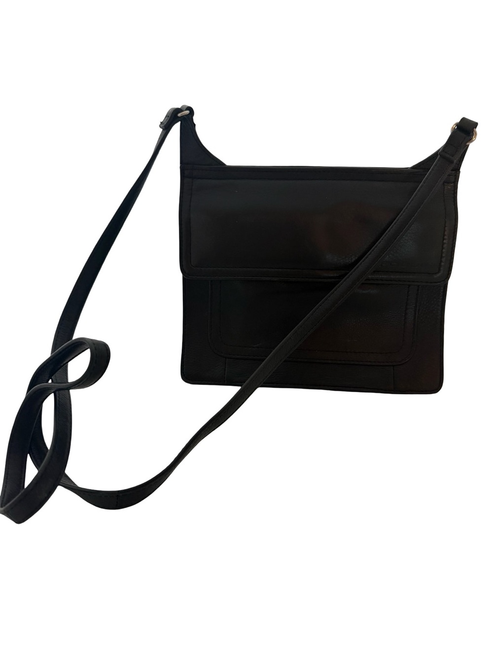 Fossil Black Leather Flap Front Crossbody Bag Long Strap Pocket One Size Women's